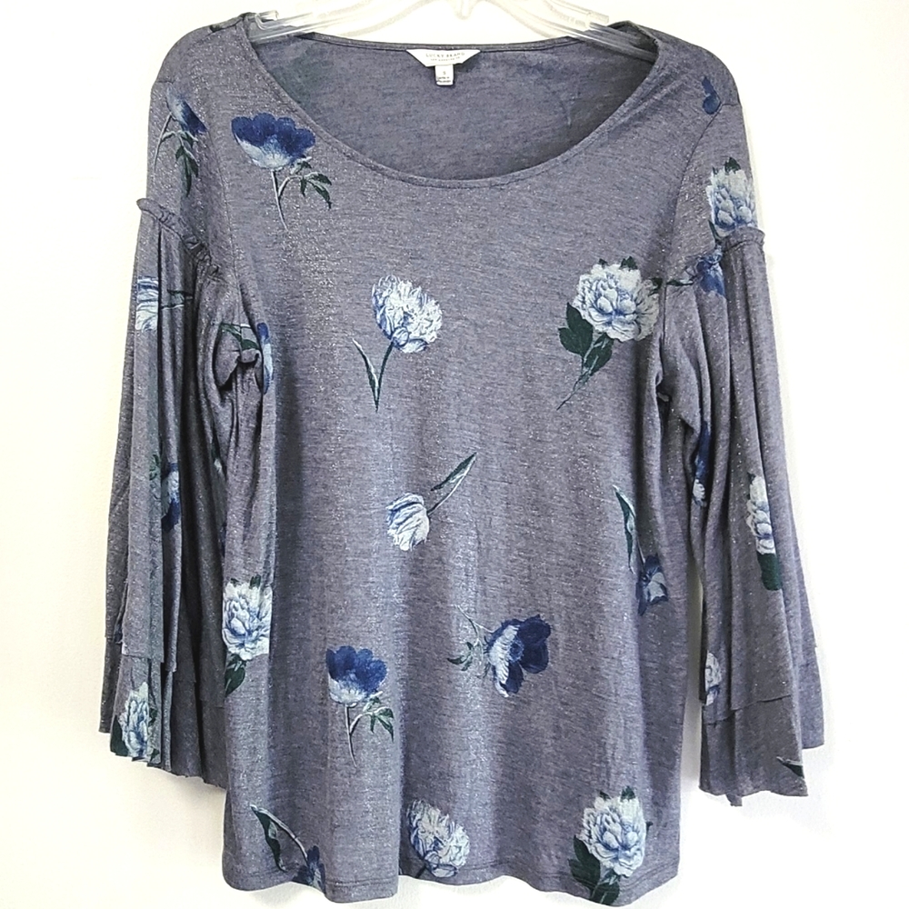 Lucky Brand Blue Floral Top Bell Sleeve Metallic Shimmer Size Small NWOT